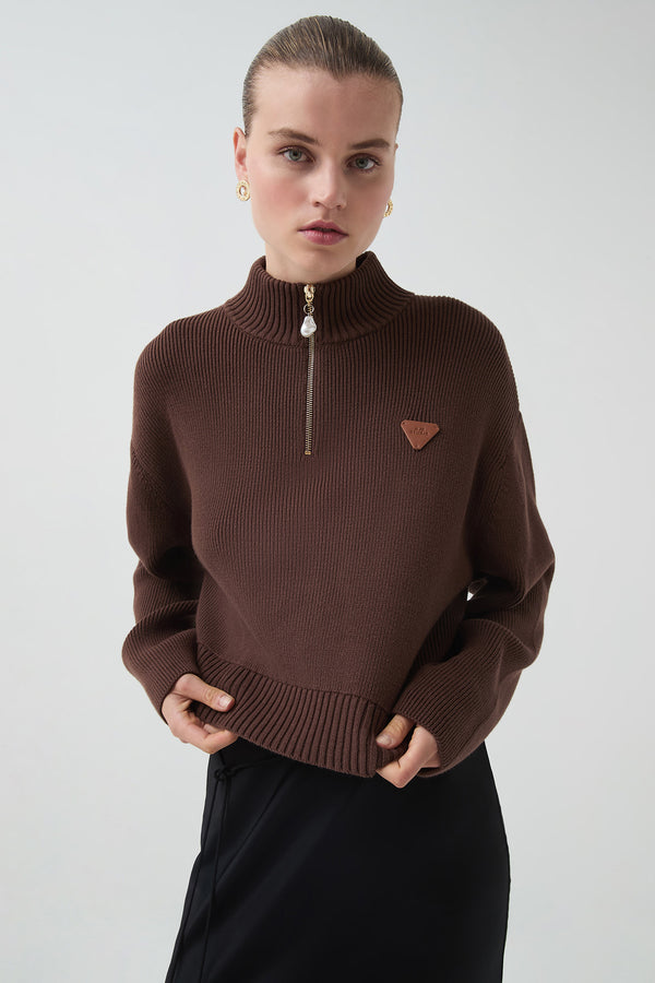 aje Naia 1/4 Zip Knit Chocolate