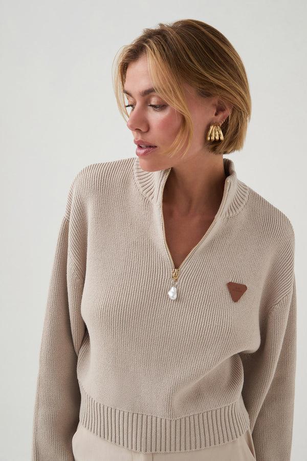 aje Naia 1/4 Zip Knit Stone