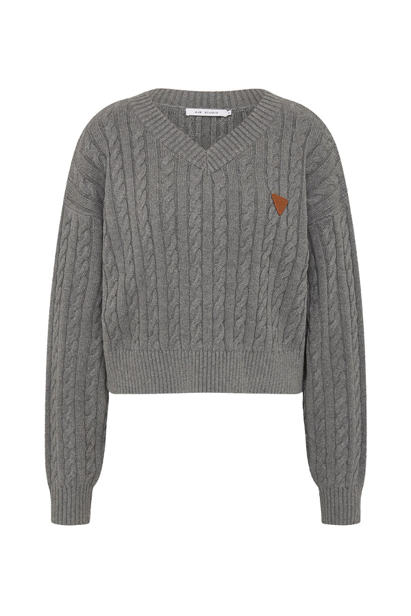 Aje Naia Cropped Cable Knit Grey Marle