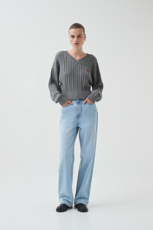 Aje Naia Cropped Cable Knit Grey Marle