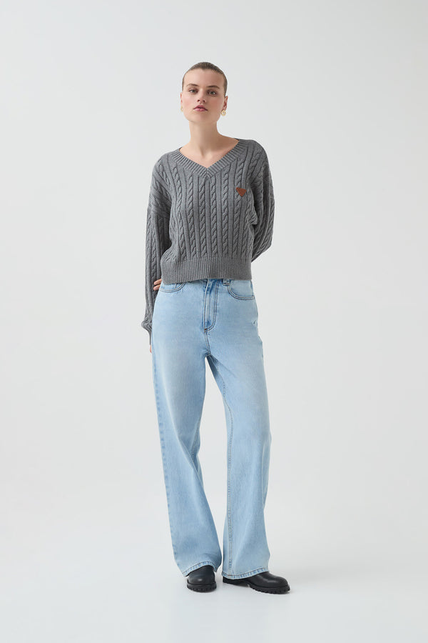 Aje Naia Cropped Cable Knit Grey Marle