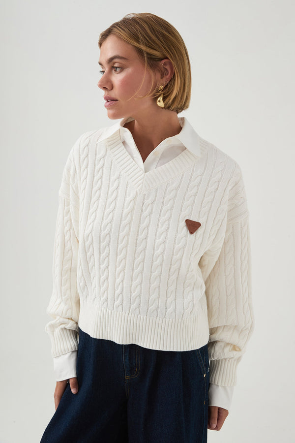 Aje Naia Cropped Cable Knit Ivory
