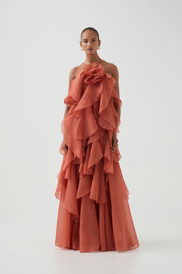 Aje Pandorea Layered Maxi Dress Coral Clay