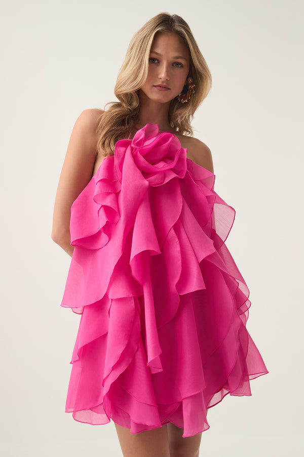 aje Pandorea Layered Mini Dress Fuchsia rose