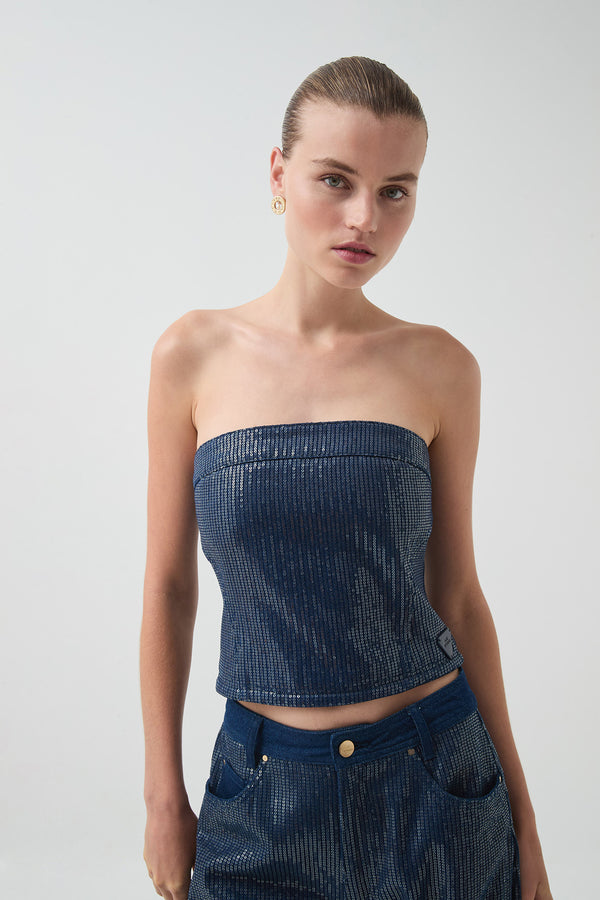 Aje Reflect Denim Bustier Night Sky