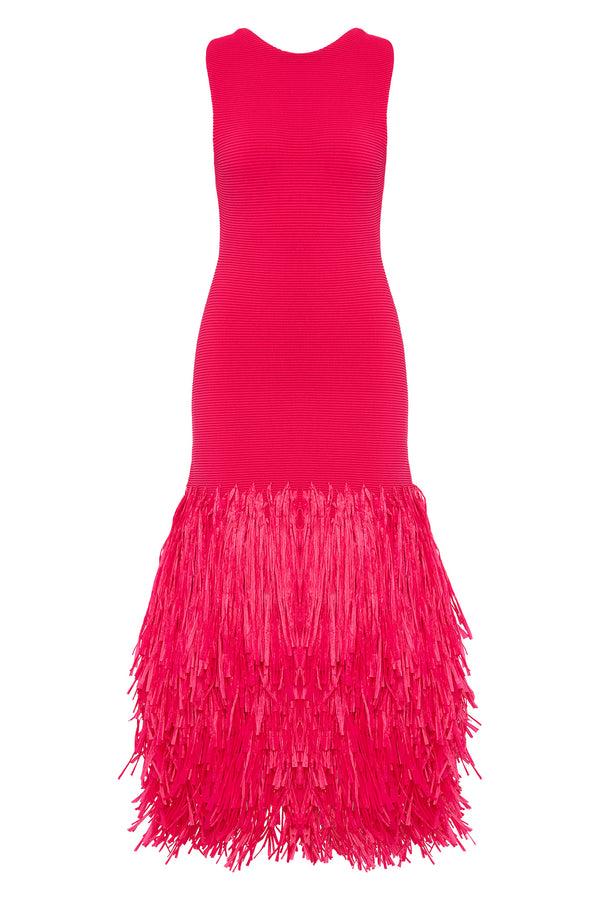 Aje Rushes Raffia Knit Midi Dress Deep Fuschia