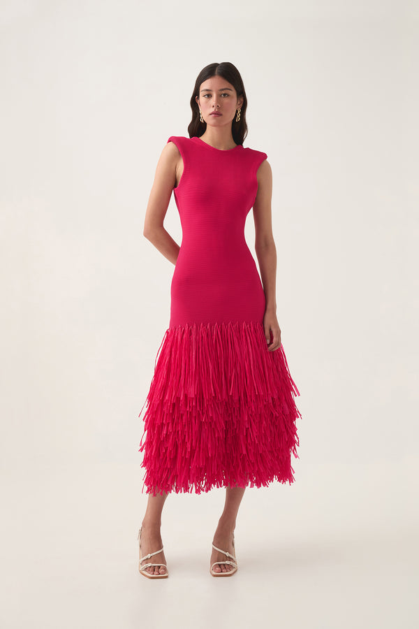 Aje Rushes Raffia Knit Midi Dress Deep Fuschia