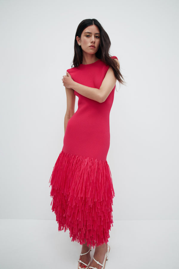 aje Rushes Raffia Knit Midi Dress Deep fuschia