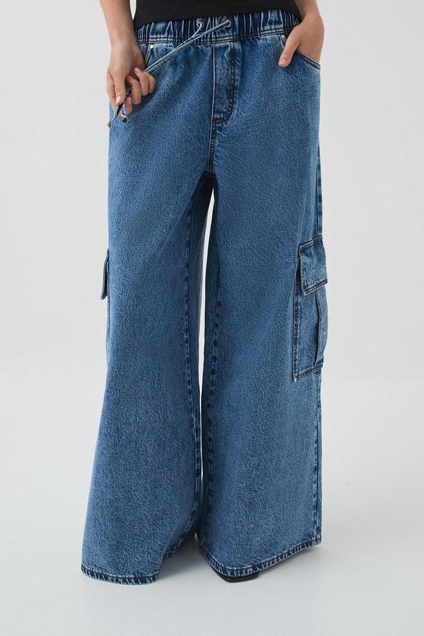 Aje Sadie Denim Cargo Jeans 80s Blue Wash