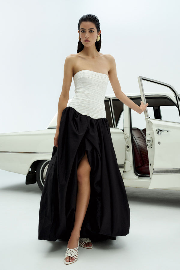 aje Violette Bubble Hem Maxi Dress Ivory/black