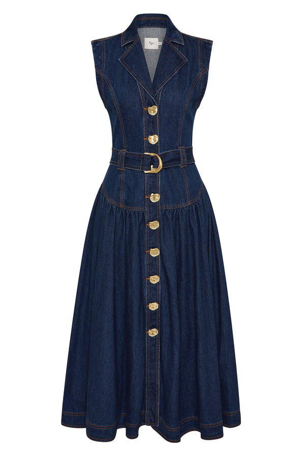 Aje Elena Belted Denim Midi Dress Dark Classic Wash