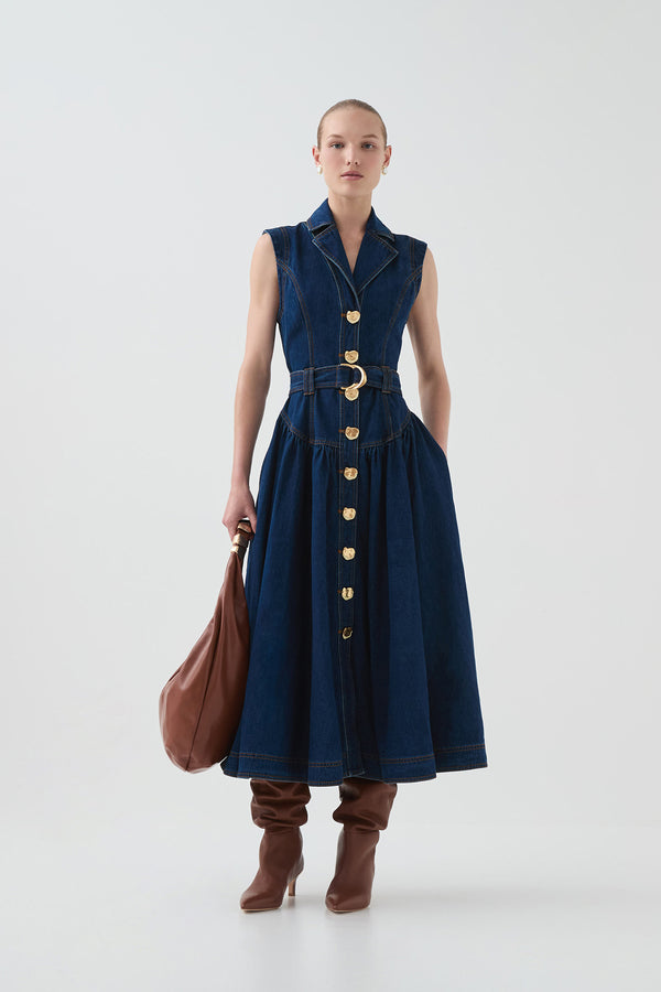 Aje Elena Belted Denim Midi Dress Dark Classic Wash
