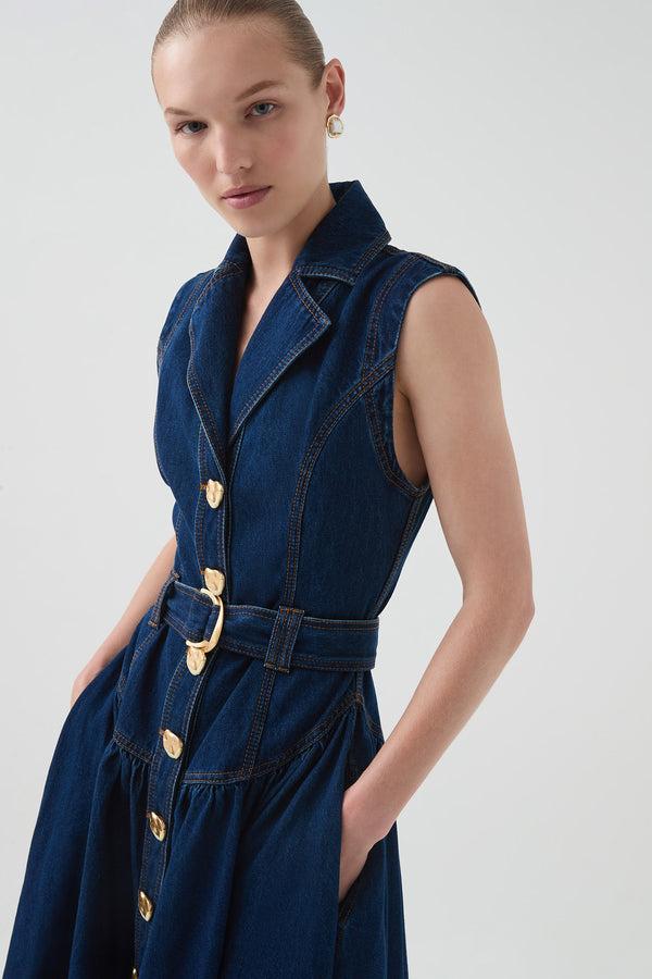 Aje Elena Belted Denim Midi Dress Dark Classic Wash