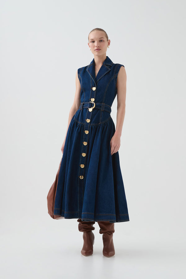 aje Elena Belted Denim Midi Dress Dark classic wash