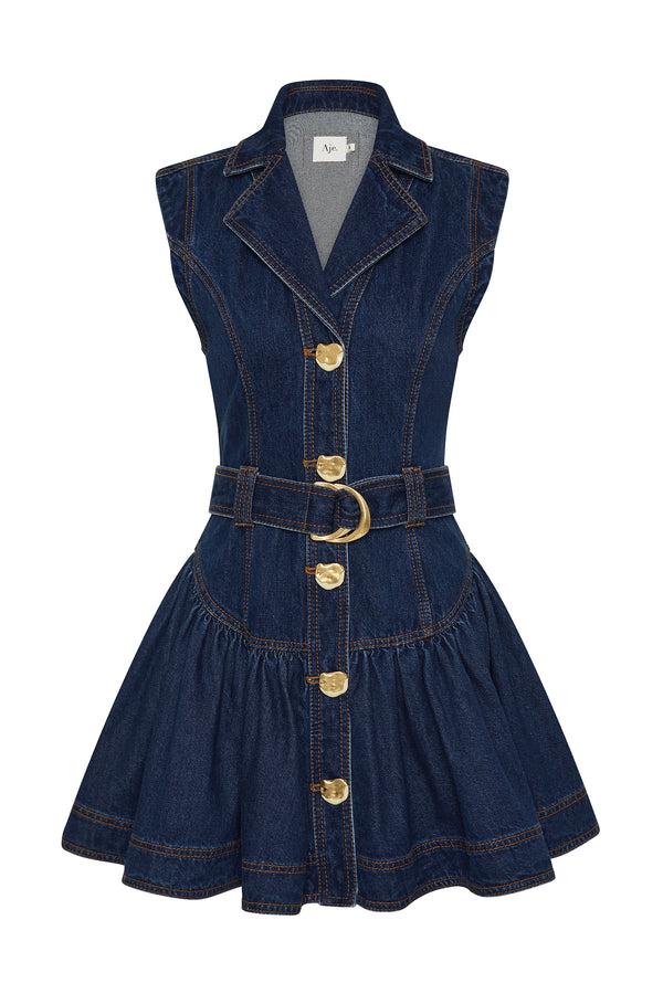 Aje Elena Belted Denim Mini Dress Dark Classic Wash