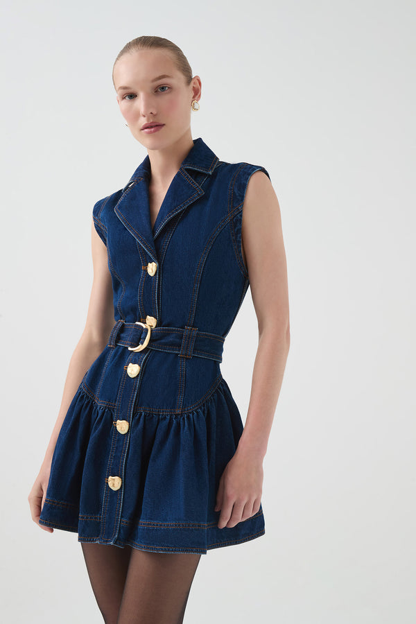 Aje Elena Belted Denim Mini Dress Dark Classic Wash