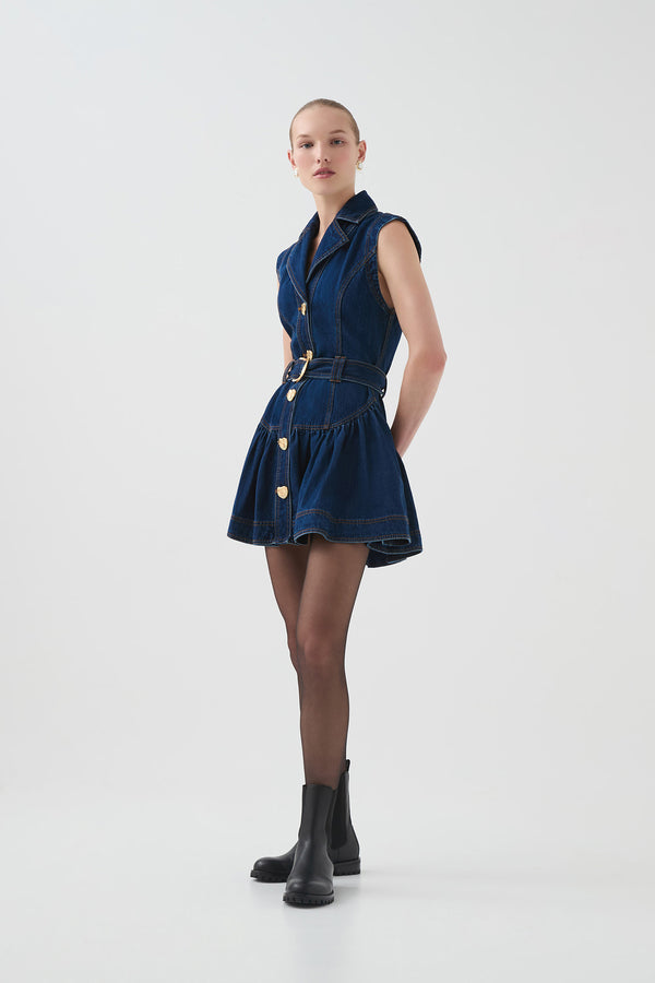 Aje Elena Belted Denim Mini Dress Dark Classic Wash