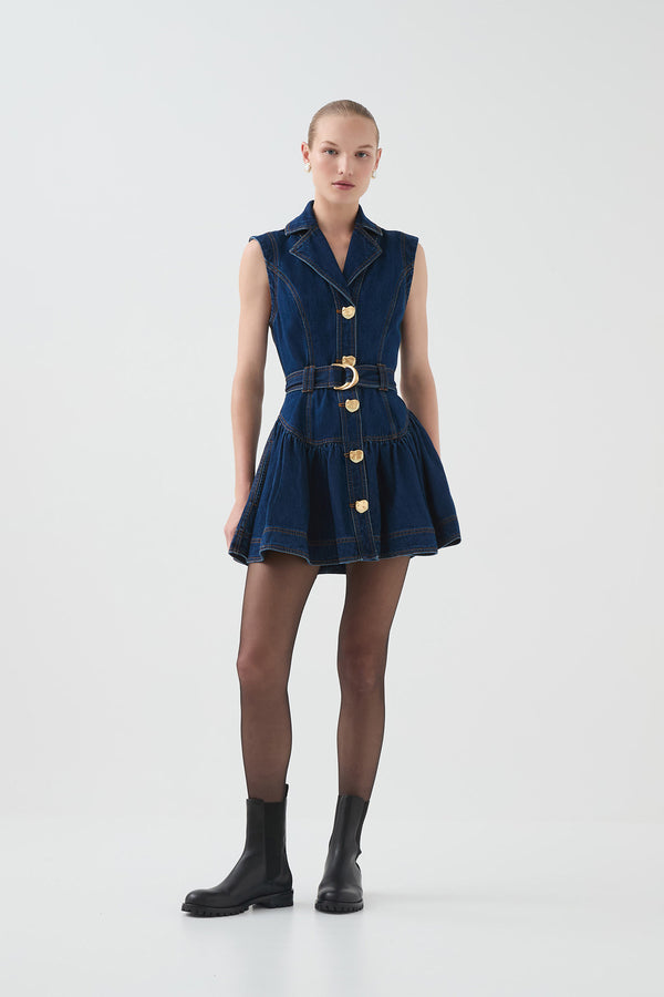 aje Elena Belted Denim Mini Dress Dark classic wash