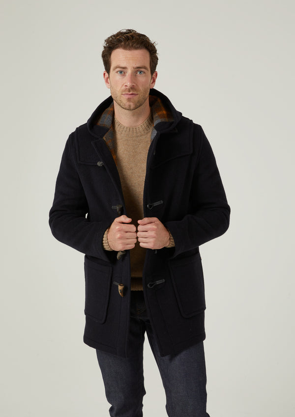 Alan Paine Alcombey Check Back Duffle Coat In Navy