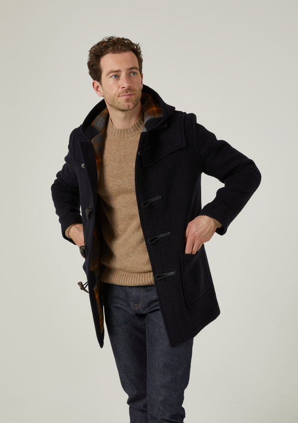 Alan Paine Alcombey Check Back Duffle Coat In Navy