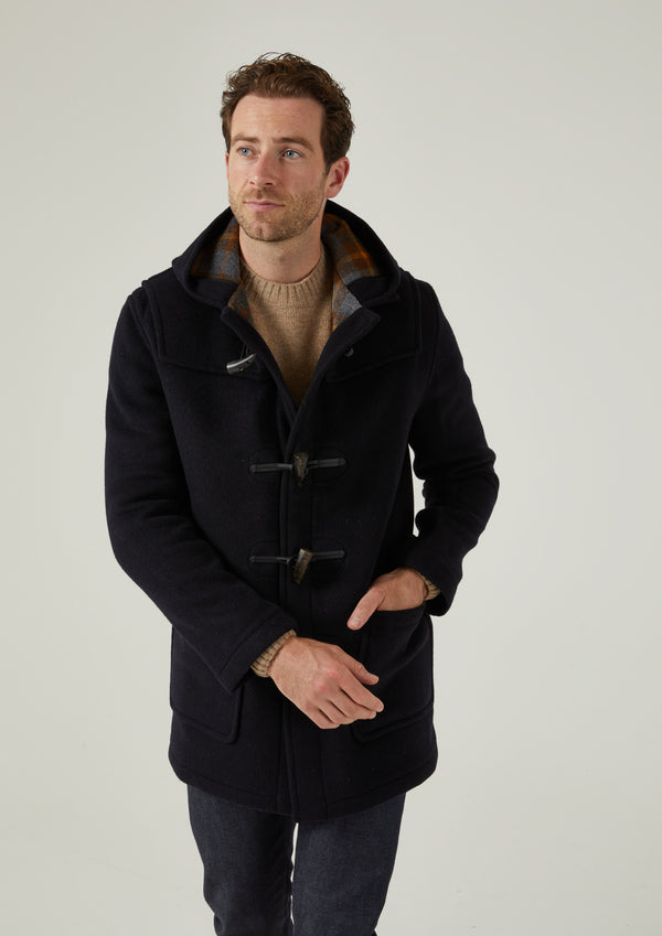 Alan Paine Alcombey Check Back Duffle Coat In Navy