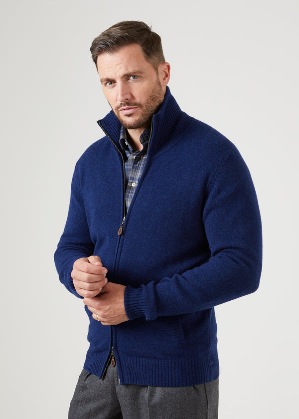 Alan Paine Ballater Lambswool Zipped Jumper In Indigo - Regular Fit