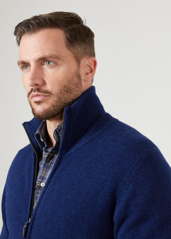 Alan Paine Ballater Lambswool Zipped Jumper In Indigo - Regular Fit