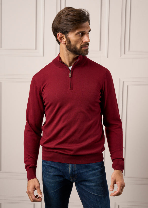 Alan Paine Barton Merino Wool 1/4 Zip Mock Jumper In Bordeaux - Regular Fit