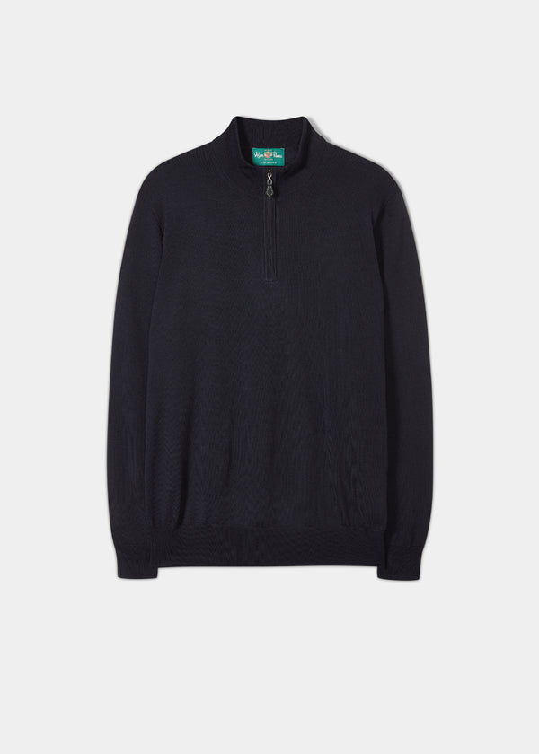 alan paine Barton Merino Wool 1/4 Zip Mock Jumper in Dark Navy - Regular Fit