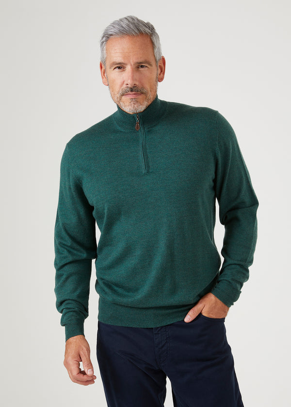 Alan Paine Barton Merino Wool 1/4 Zip Mock Jumper In Hunter - Regular Fit