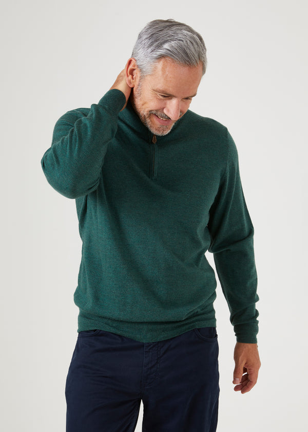 Alan Paine Barton Merino Wool 1/4 Zip Mock Jumper In Hunter - Regular Fit