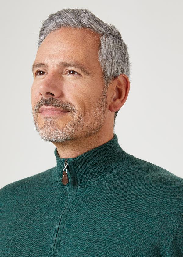 Alan Paine Barton Merino Wool 1/4 Zip Mock Jumper In Hunter - Regular Fit