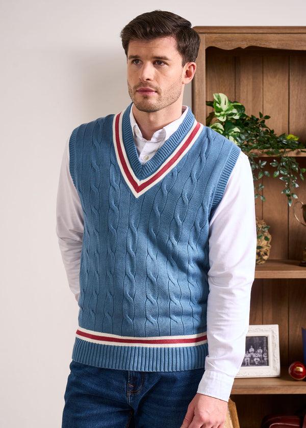 Alan Paine Chadbury Cable Cricket Slipover In Airforce & Cherry