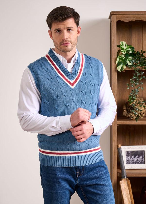 Alan Paine Chadbury Cable Cricket Slipover In Airforce & Cherry