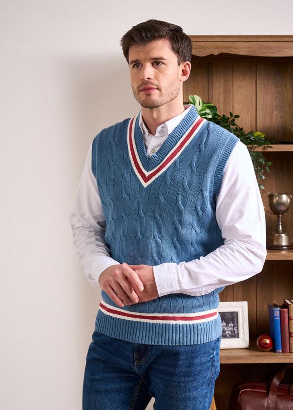 Alan Paine Chadbury Cable Cricket Slipover In Airforce & Cherry