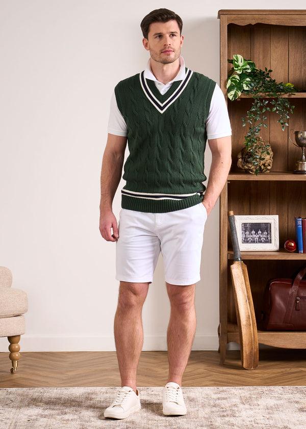 Alan Paine Chadbury Cable Cricket Slipover In AP Green & Dark Navy