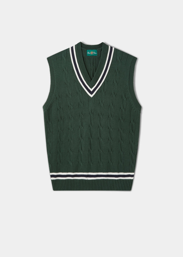 alan paine Chadbury Cable Cricket Slipover In AP Green & Dark Navy