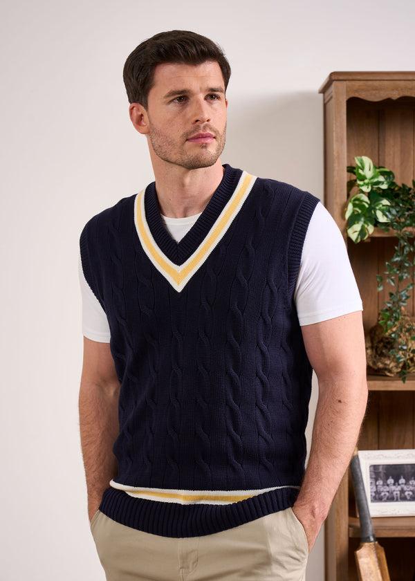 Alan Paine Chadbury Cable Cricket Slipover In Dark Navy & Sun