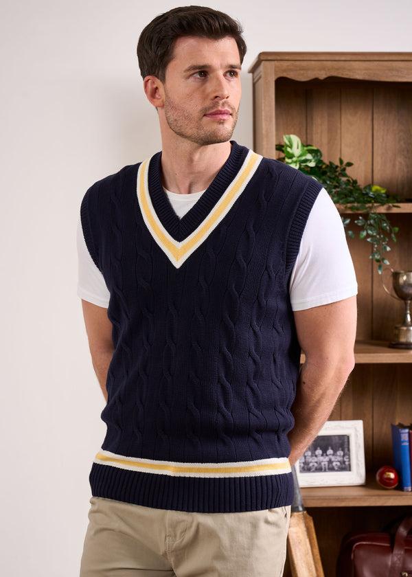 Alan Paine Chadbury Cable Cricket Slipover In Dark Navy & Sun