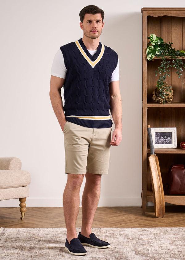 Alan Paine Chadbury Cable Cricket Slipover In Dark Navy & Sun