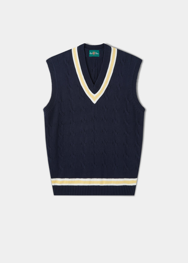 alan paine Chadbury Cable Cricket Slipover In Dark Navy & Sun
