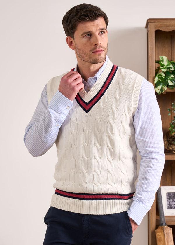 Alan Paine Chadbury Cable Cricket Slipover In Ecru & Cherry