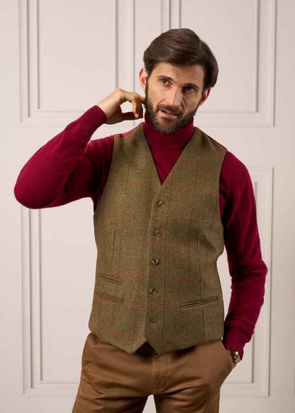 Alan Paine Combrook Men's Tweed Lined-Back Waistcoat In Sage - Regular Fit
