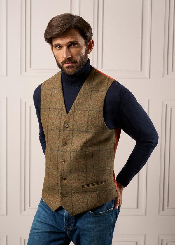 Alan Paine Combrook Men's Tweed Lined-Back Waistcoat In Thyme - Regular Fit