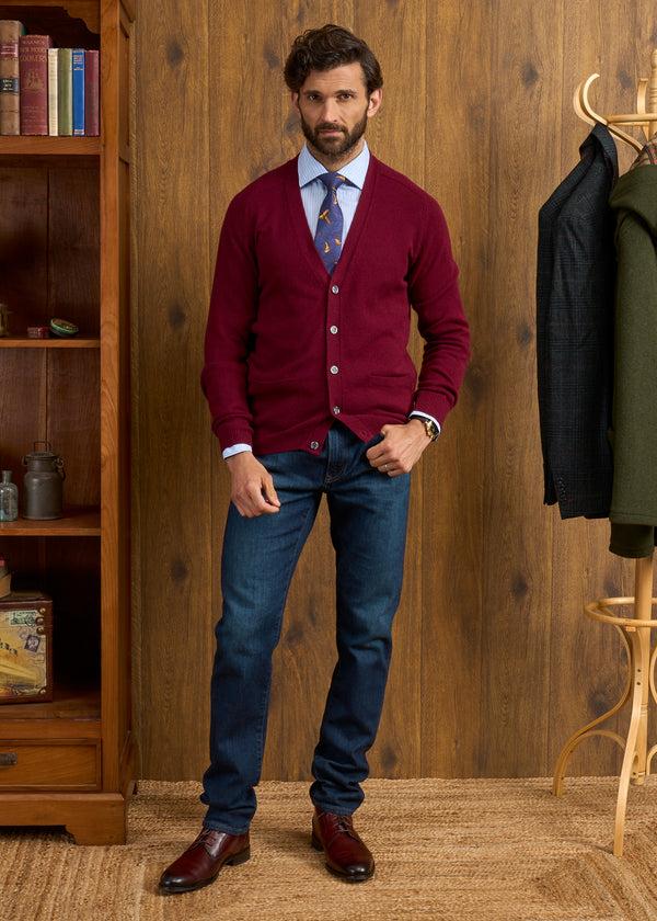 Alan Paine Cornwall Lambswool Cardigan In Bordeaux - Classic Fit