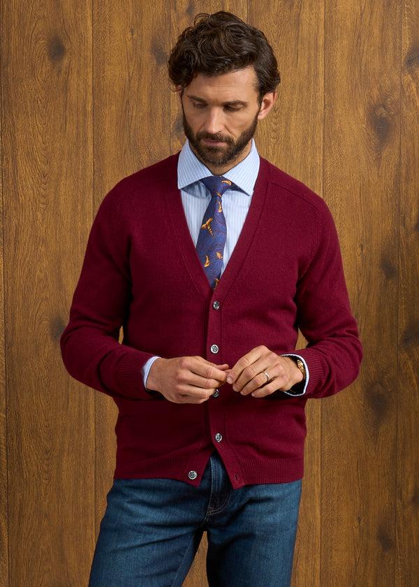 Alan Paine Cornwall Lambswool Cardigan In Bordeaux - Classic Fit
