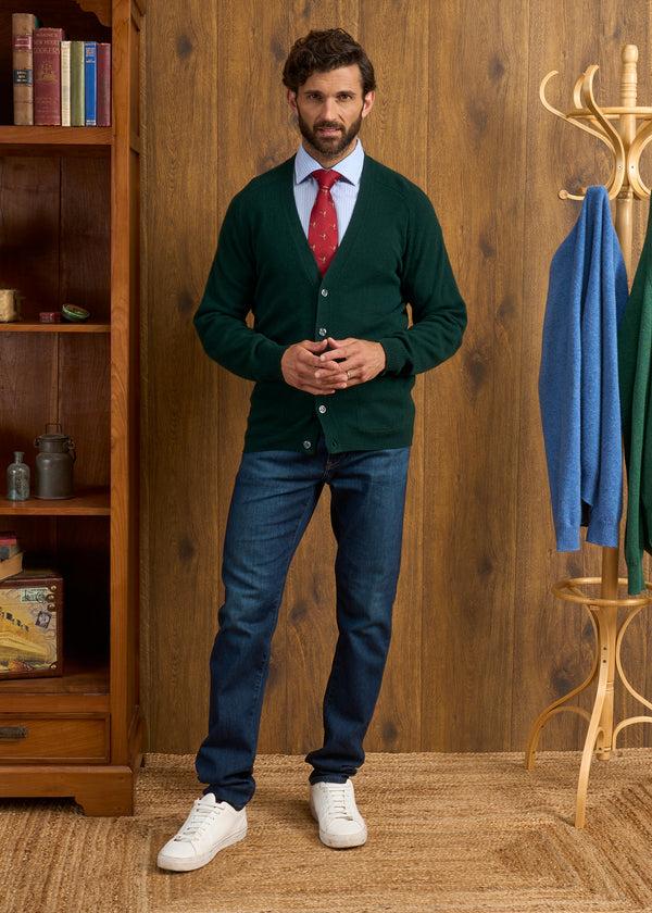 Alan Paine Cornwall Lambswool Cardigan In Tartan Green - Classic Fit