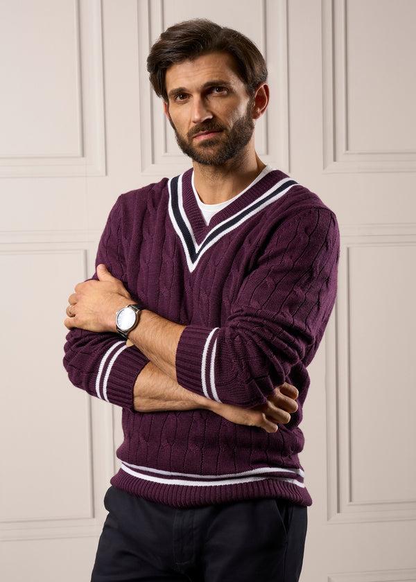 Alan Paine Grafton Men's Merino Wool Cable Cricket Jumper In Black Grape - Regular Fit