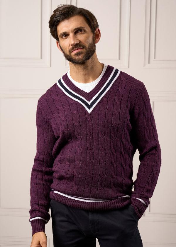 Alan Paine Grafton Men's Merino Wool Cable Cricket Jumper In Black Grape - Regular Fit