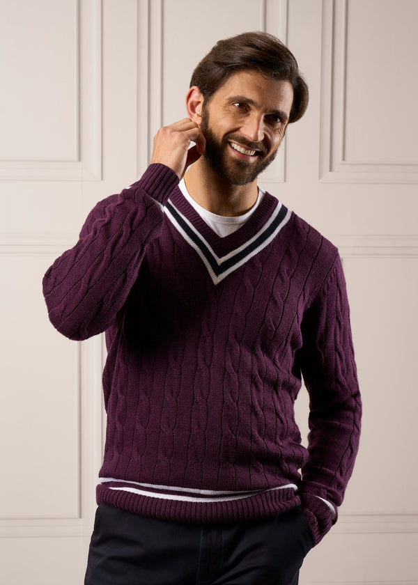 Alan Paine Grafton Men's Merino Wool Cable Cricket Jumper In Black Grape - Regular Fit
